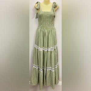 Green Gingham Maxi Dress with Lace Detail